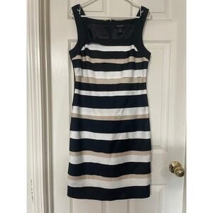 White House Black Market Striped Sheath Dress Size 12 Black White Tan Sleeveless